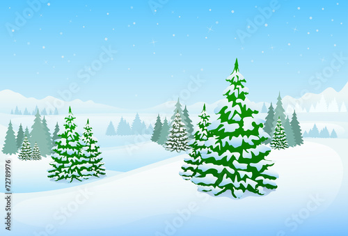 winter forest landscape christmas background, pine snow trees