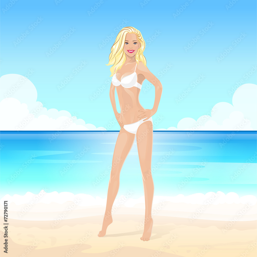 woman on summer beach, long leg blonde sexy girl