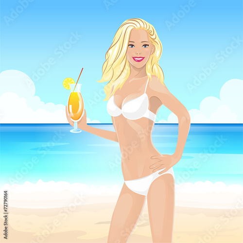 woman on summer beach with cocktail, blonde sexy girl