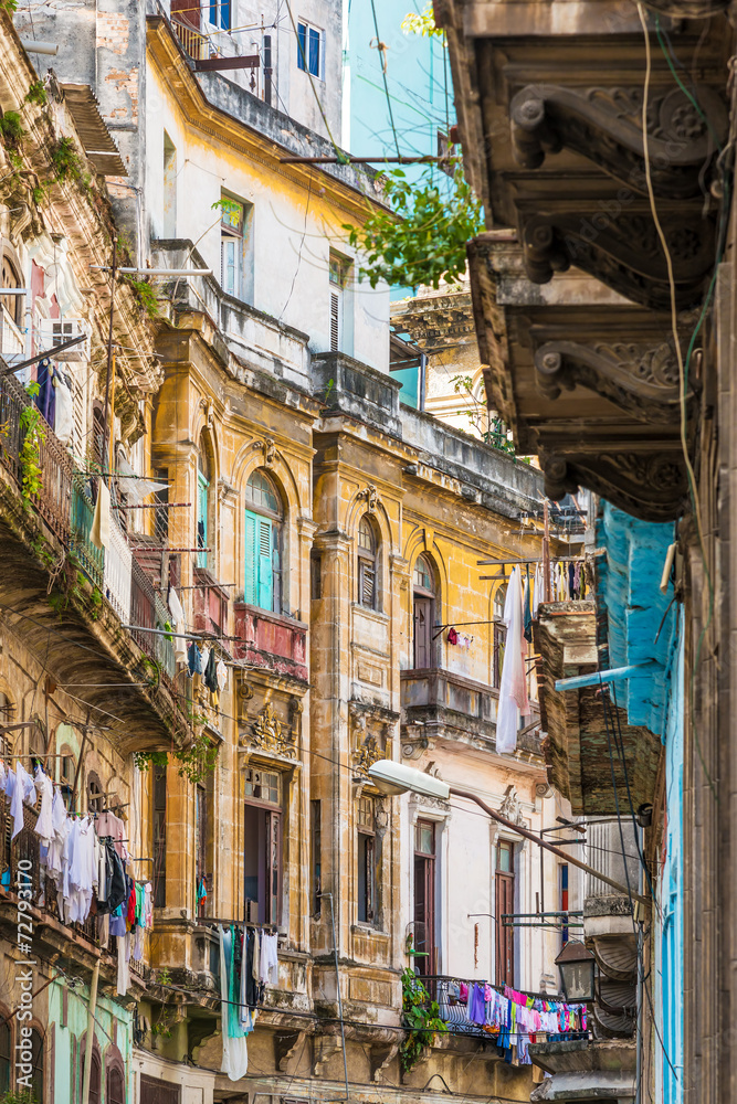 Shabby crumbling old buildings in Old Havana