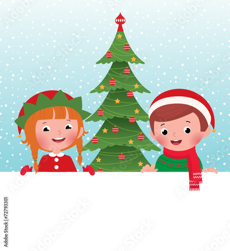 Christmas elf and Santa Claus and white banner