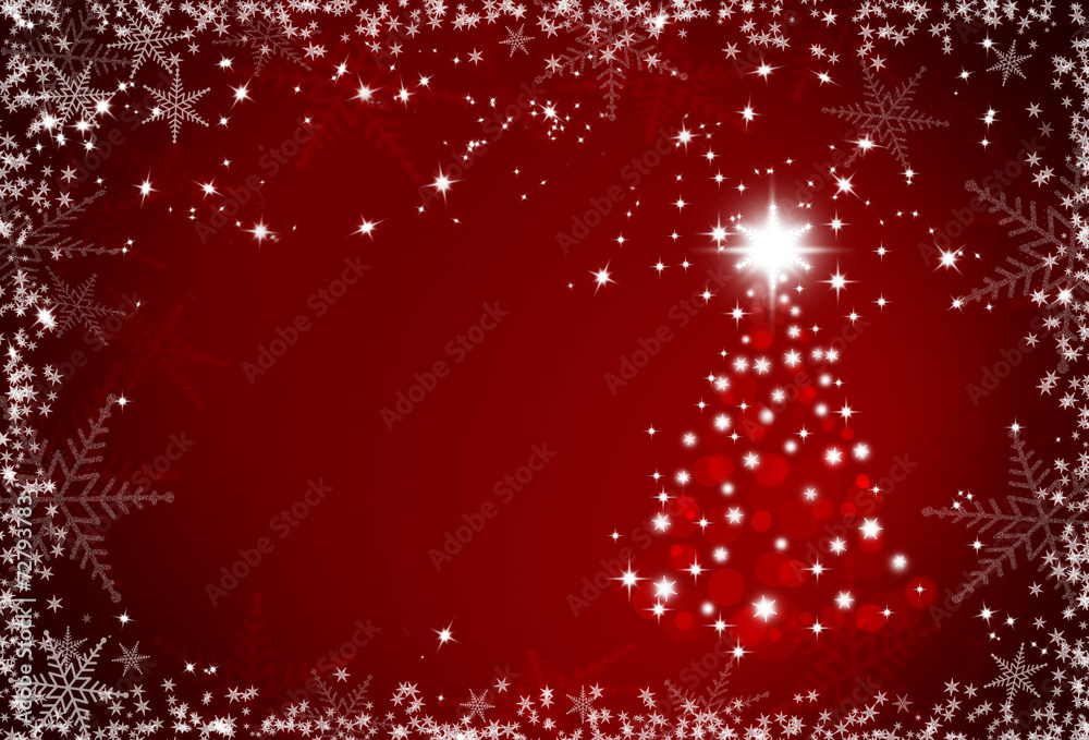 Christmas red background with snowflakes frame and Christmas tre Christmas red background with snowflakes frame and Christmas tre