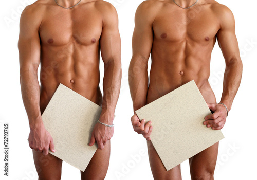 Obraz na płótnie Three nude muscular men covering with copy space blank signs w salonie