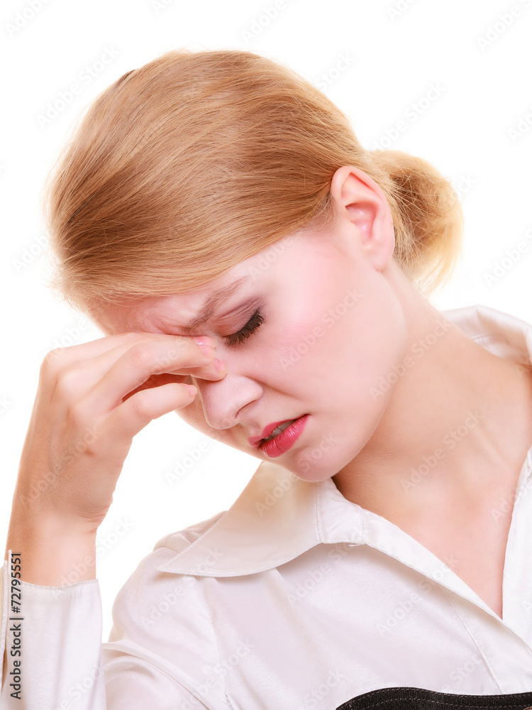 Headache. Woman suffering from head pain isolated. Headache. Woman suffering from head pain isolated.
