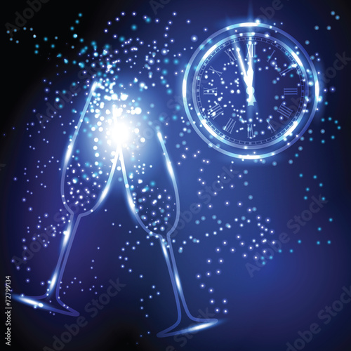 Old clock, pair of wineglasses and sparks in the air.