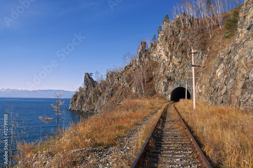 Autumn railroad. The Circum-Baikal Railway on south lake Baikal photo