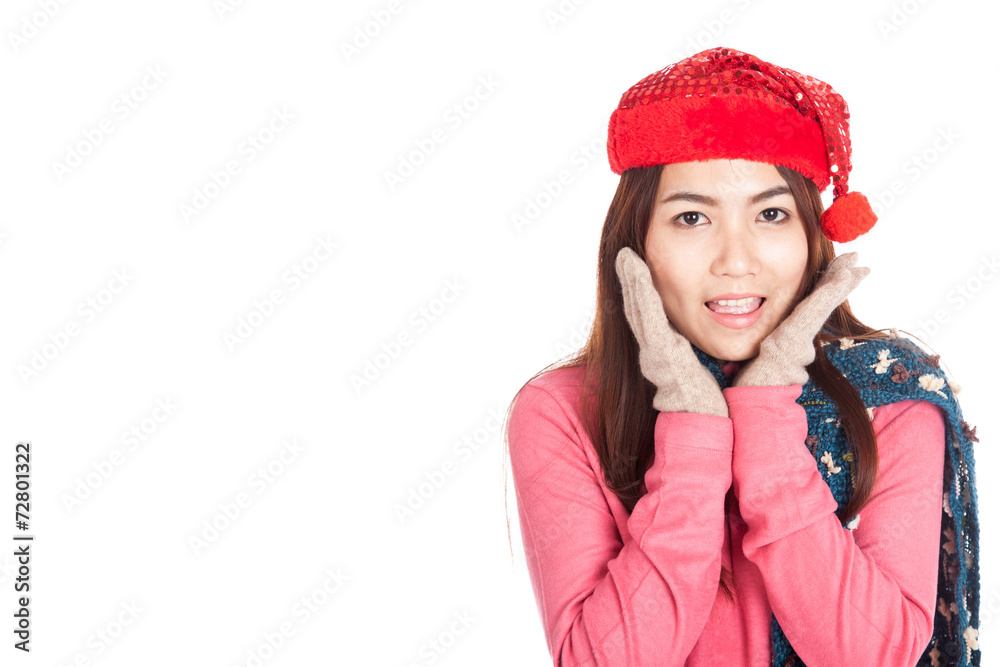 Beautiful Asian girl with red christmas hat Beautiful Asian girl with red christmas hat