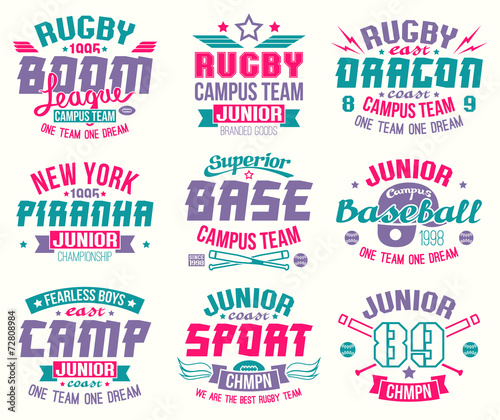 Baseball and rugby college team sport emblems
