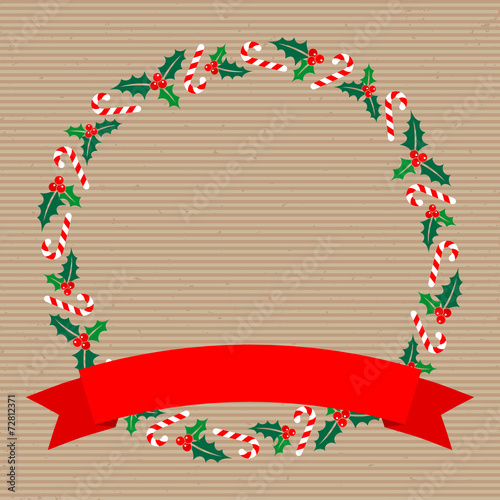 Christmas Wreath Holly Candy Canes Banner Brown Paper