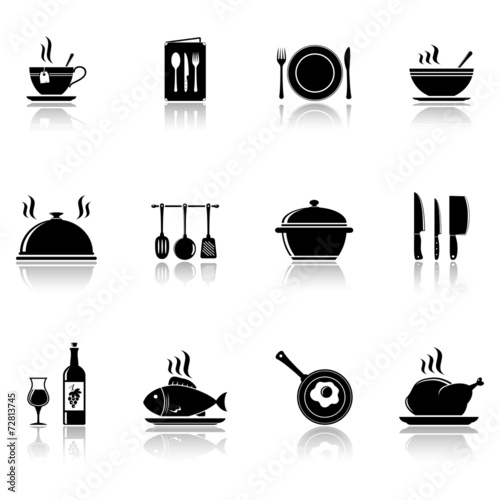 Cooking and kitchen icons with reflection
