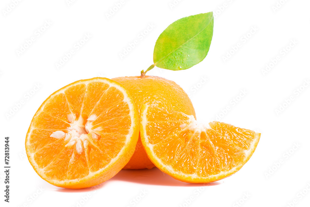 orange mandarins with green leaf isolated on white backgroun