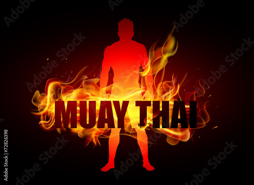 Thai boxer standing on fire muay thai typo photo