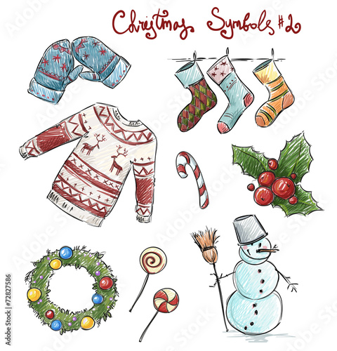 Doodle christmas symbols. Vector illustaration.