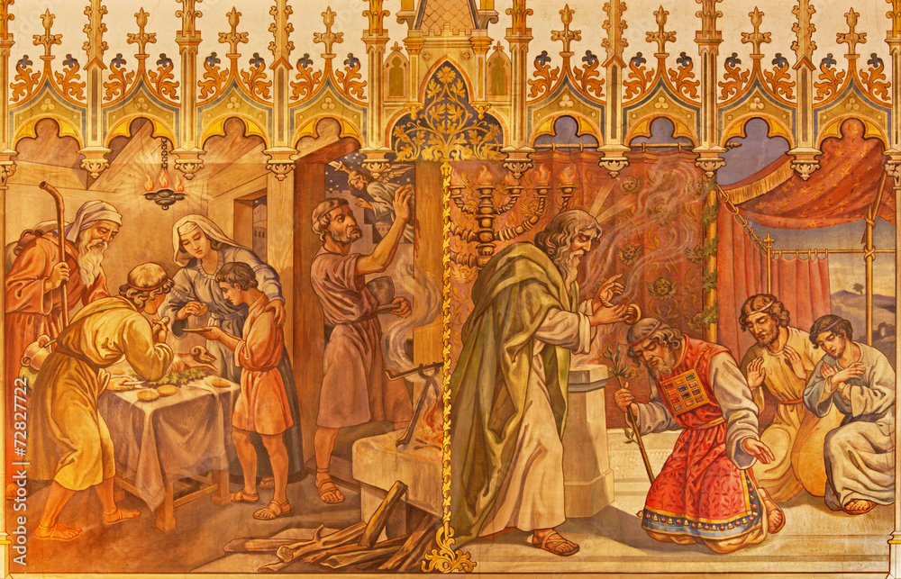 Moses and Aron, and Israelites at Pesach supper