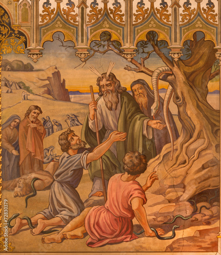 Trnava - fresco of scene as Moses made a bronze snake