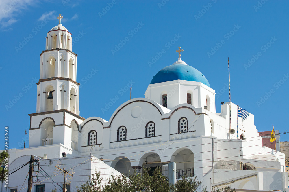 The white church of Pyrgos on Santorini island, Greece