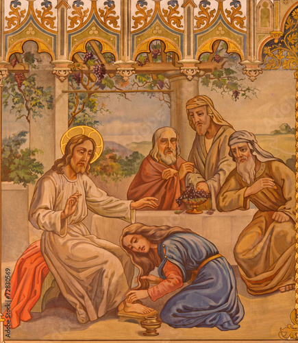 Trnava - fresco of scene Jesus and sinful woman