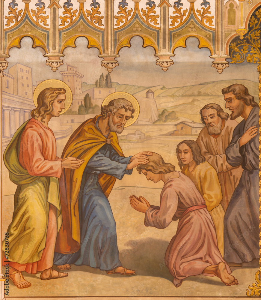Trnava- fresco of scene the Apostles at confirmation