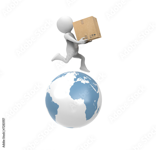 3d man with carton box on the world