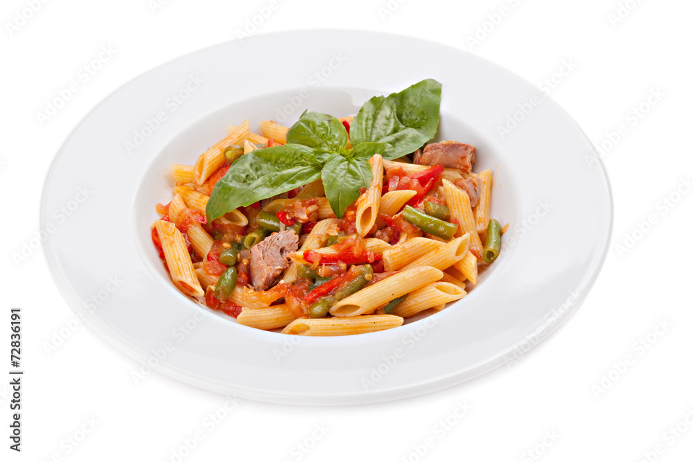 Italian pasta with stewed vegetables in bowl, isolated on white Italian pasta with stewed vegetables in bowl, isolated on white