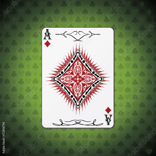 Ace of diamonds poker card on green background