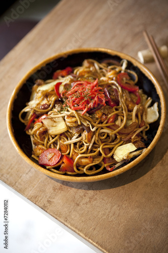 Japanese noodles with meat, shrip and vegetable photo