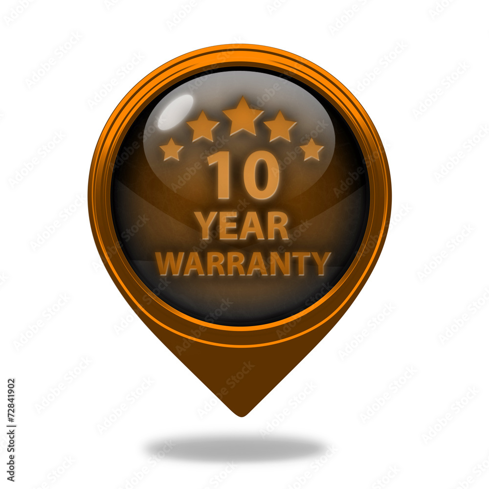 Ten year warranty pointer icon on white background