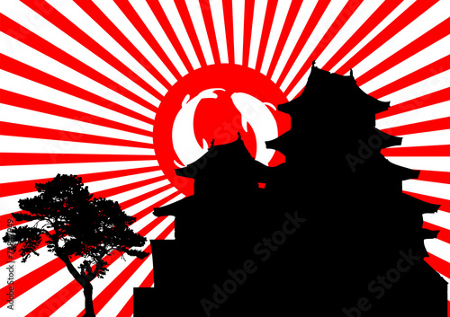 Photography Japanese couple Castle with sakura tree vector