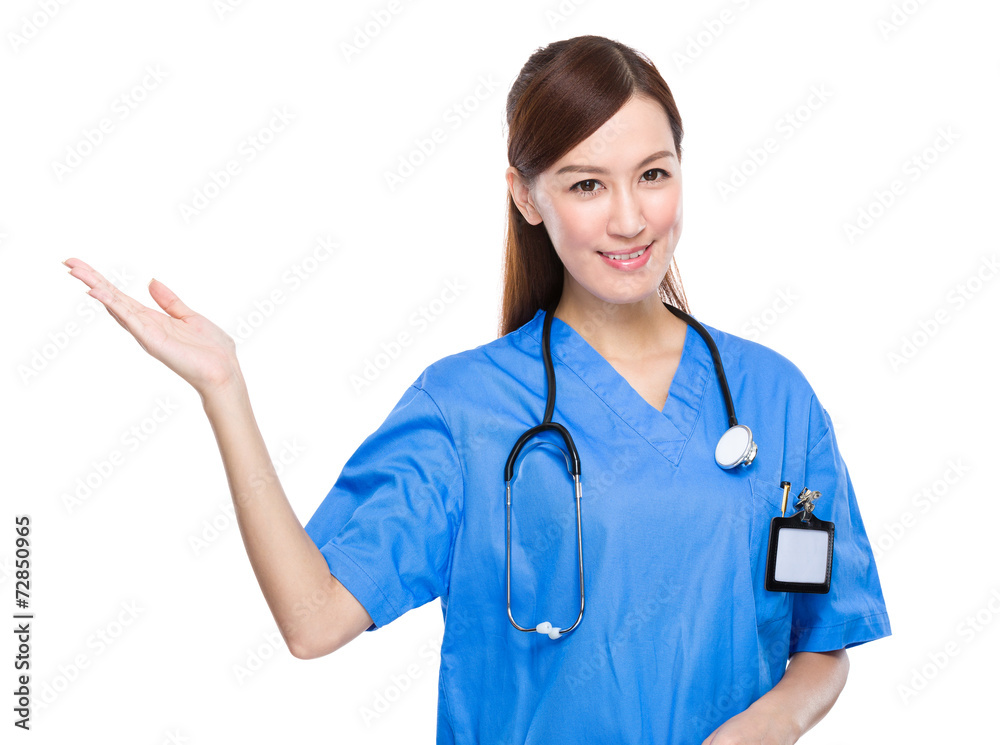 Dcotor woman with open hand palm Dcotor woman with open hand palm