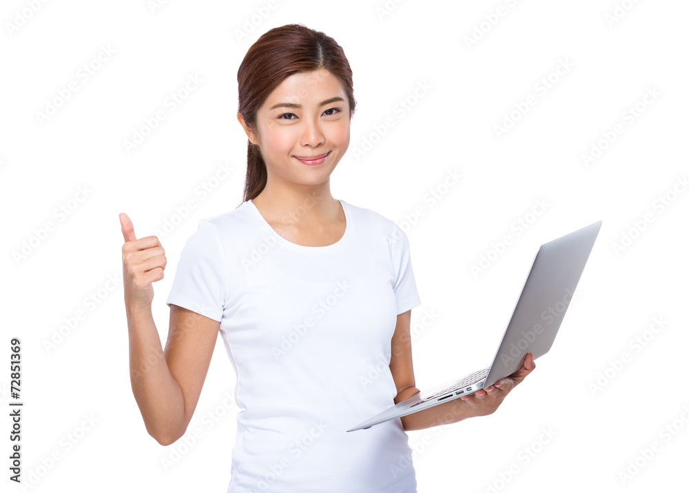 Asian woman use of laptop thumb up Asian woman use of laptop thumb up