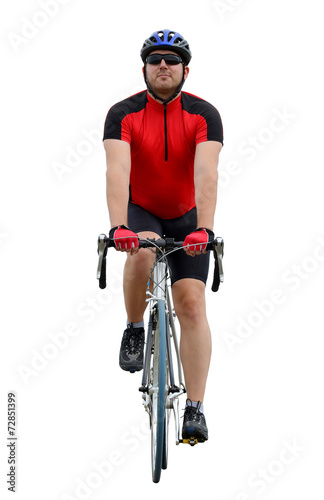 Cyclist riding on a road bike isolated on white