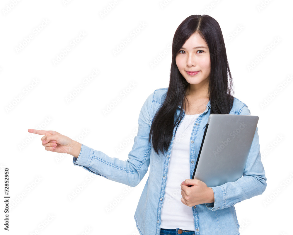 Woman with latop and finger point up Woman with latop and finger point up