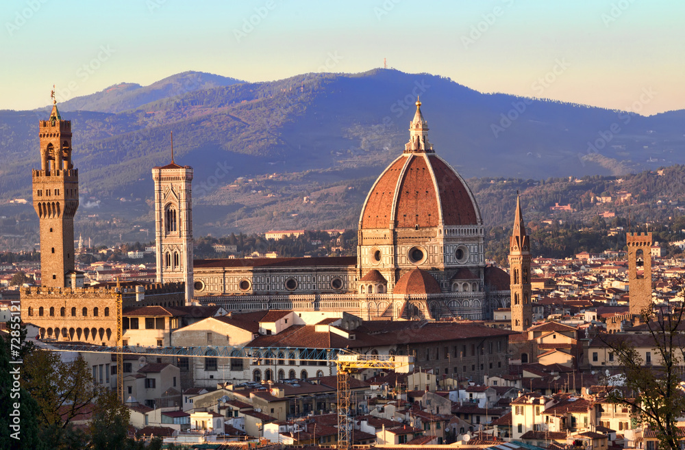 Sunset over Palazzo Vecchio and Duomo, Florence, Italy