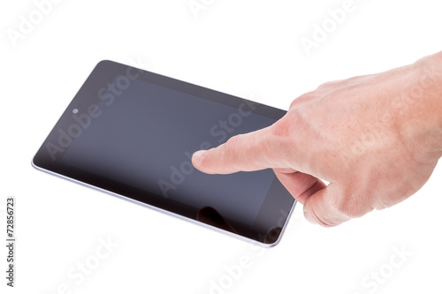 Man finger prints on a modern tablet. On a white background.