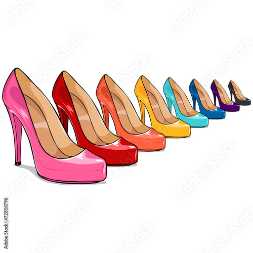 Vector Row of Cartoon Color Women Shoes in Perspective