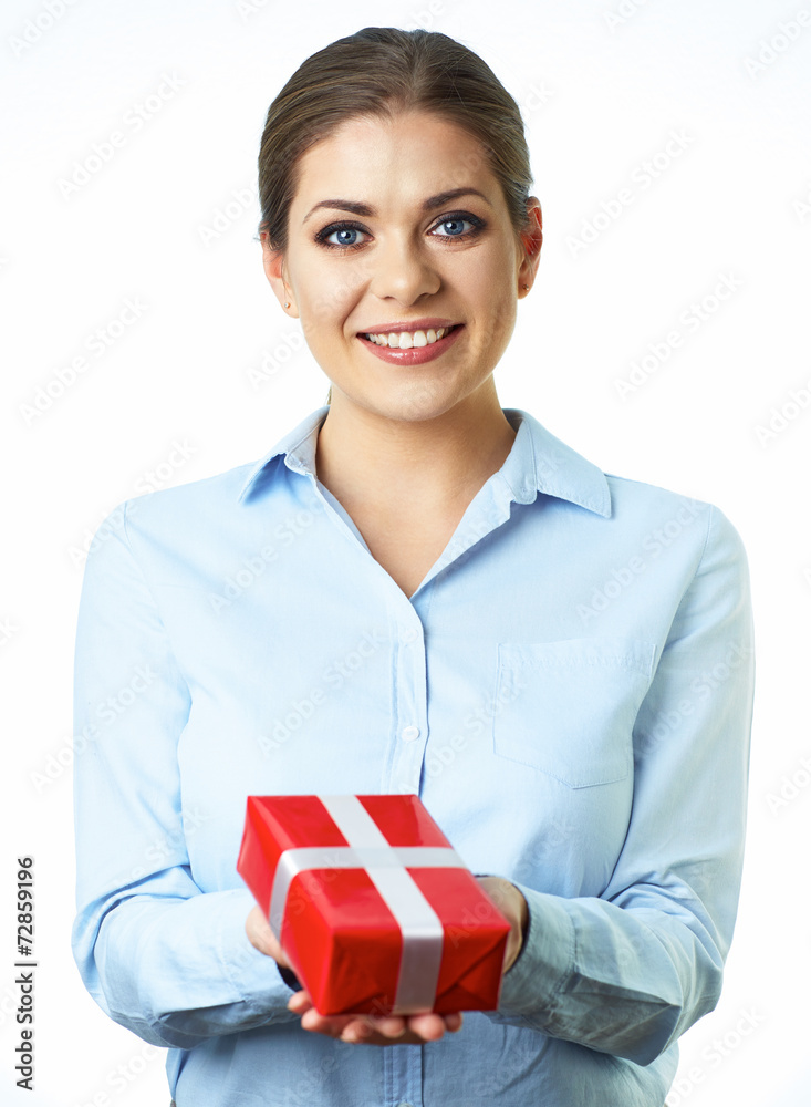 Business woman hold present. Isolated white background. Business woman hold present. Isolated white background.
