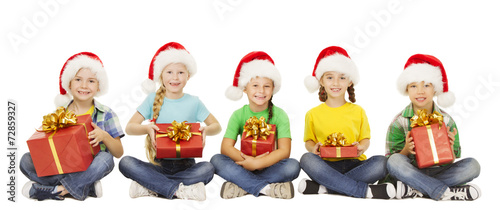 Christmas Kids, Present Gift Box, Children in Santa Red Hat