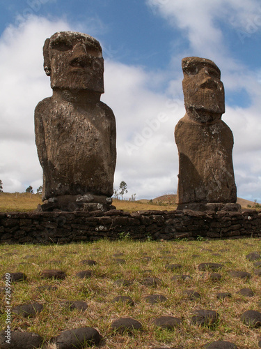 Pair Of Moai Against Blue Sky