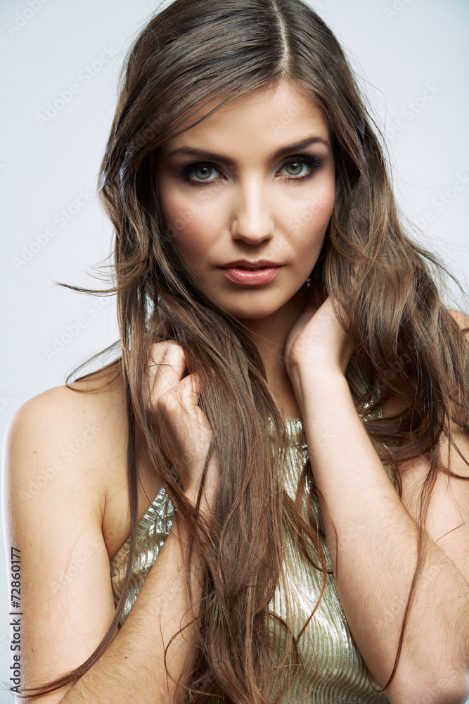 Naklejka premium Woman face with long curly hair on white background isolated clo