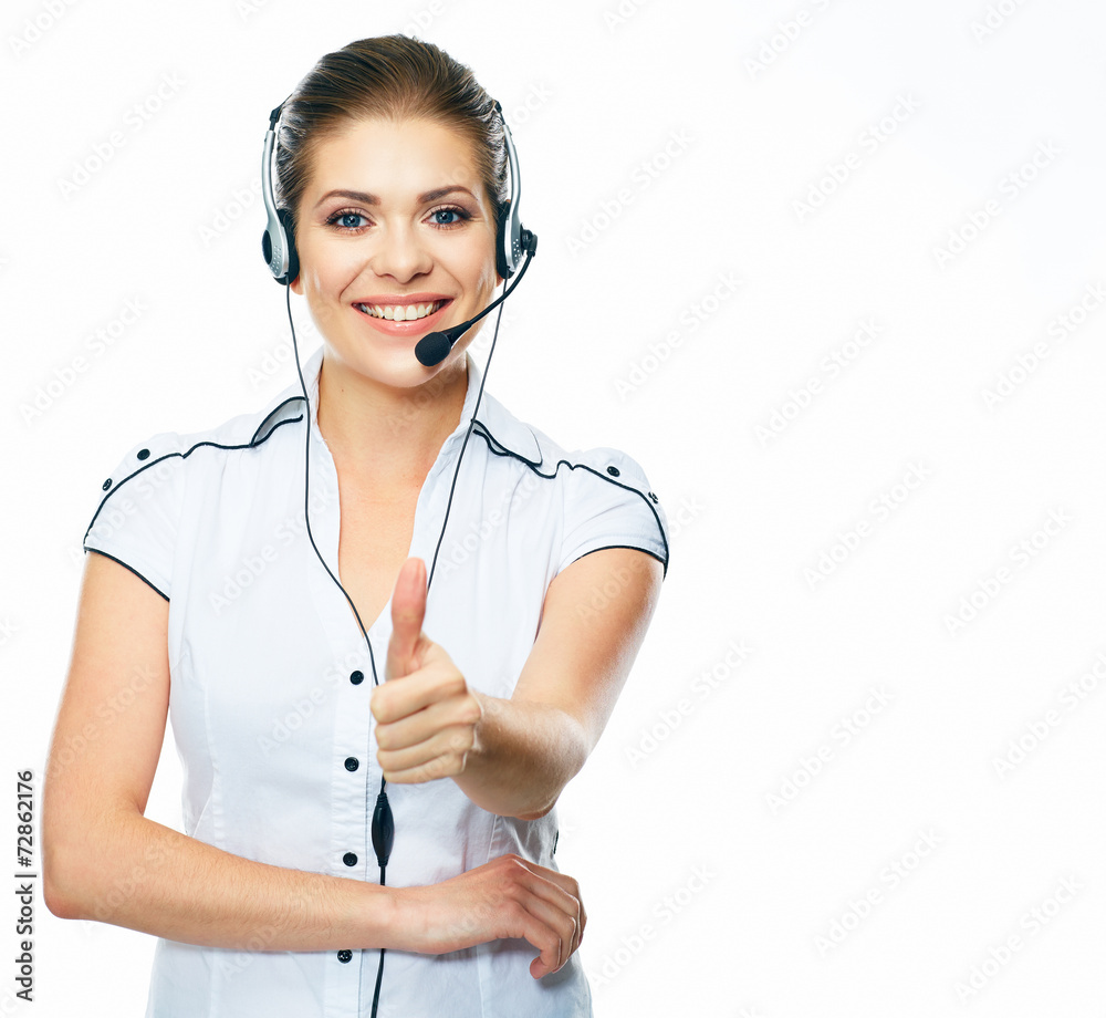 Woman call center operator thumb show. Woman call center operator thumb show.