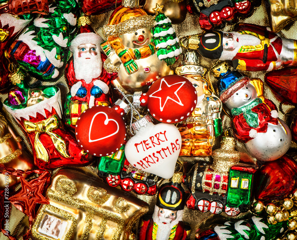 Fototapeta premium christmas baubles, toys and ornaments. retro style toned