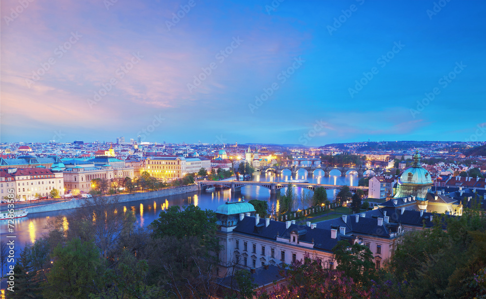 Panoramic view of Prague bridges over Vltava river