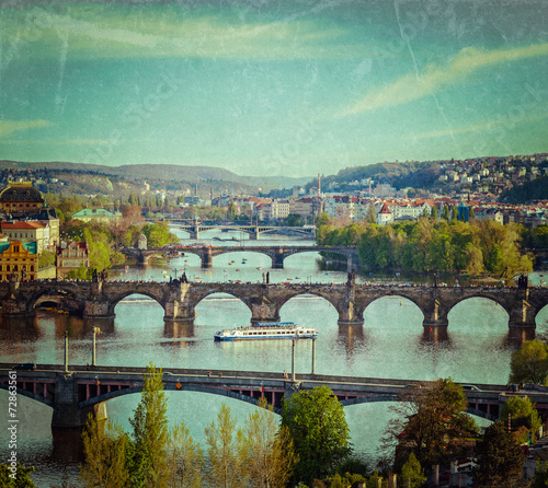 Panoramic view of Prague bridges over Vltava river
