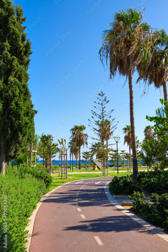 Empty cycling track along the park near the Mediterranean sea