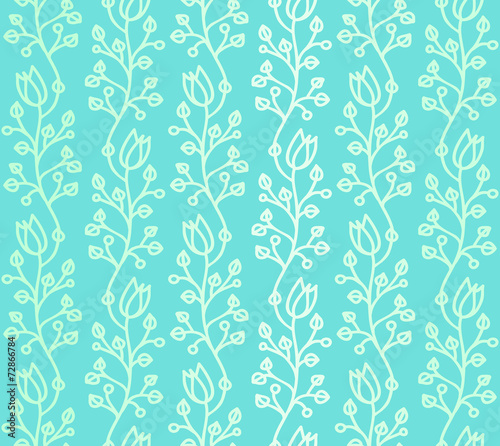 Waved Doodle harebells on blue-green background seamless pattern
