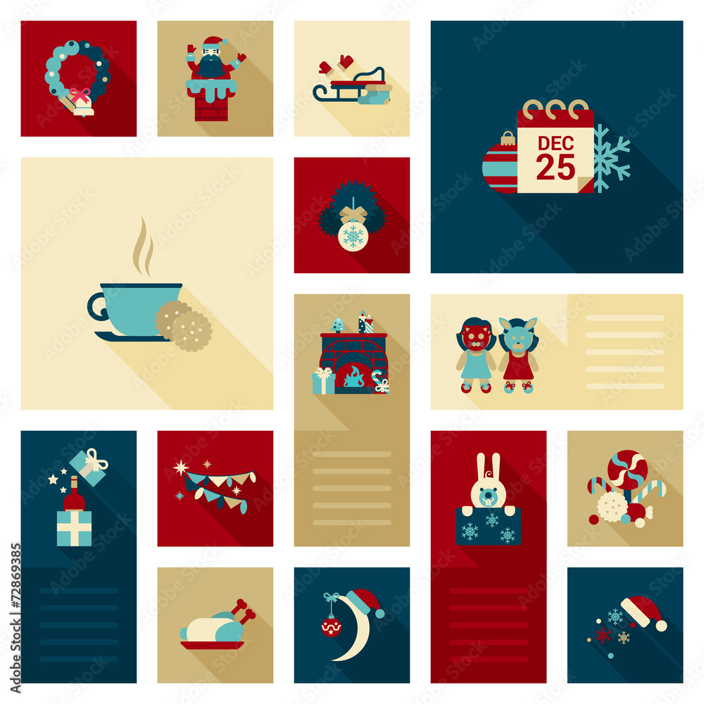 Fototapeta premium Flat Christmas icon wreath, Santa chimney decoration element set