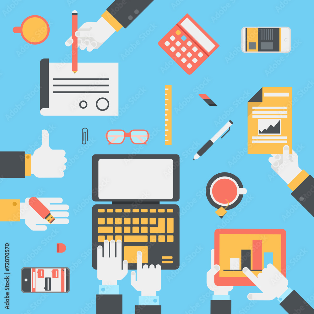 Flat style modern business technology desktop hands icon set Flat style modern business technology desktop hands icon set