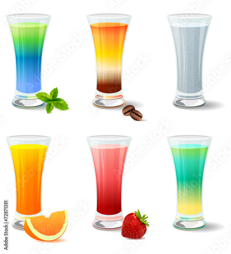 Different cocktails and juices on white
