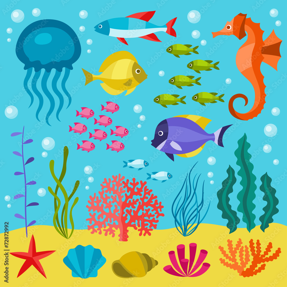 Fototapeta premium Marine life set of icons, objects and sea animals.
