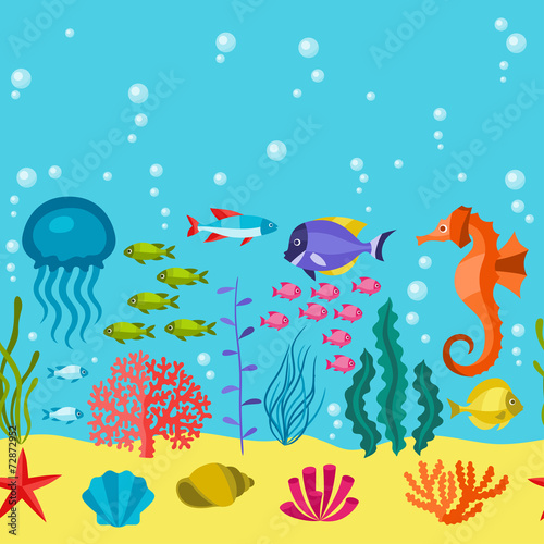 Marine life seamless pattern with sea animals. © incomible